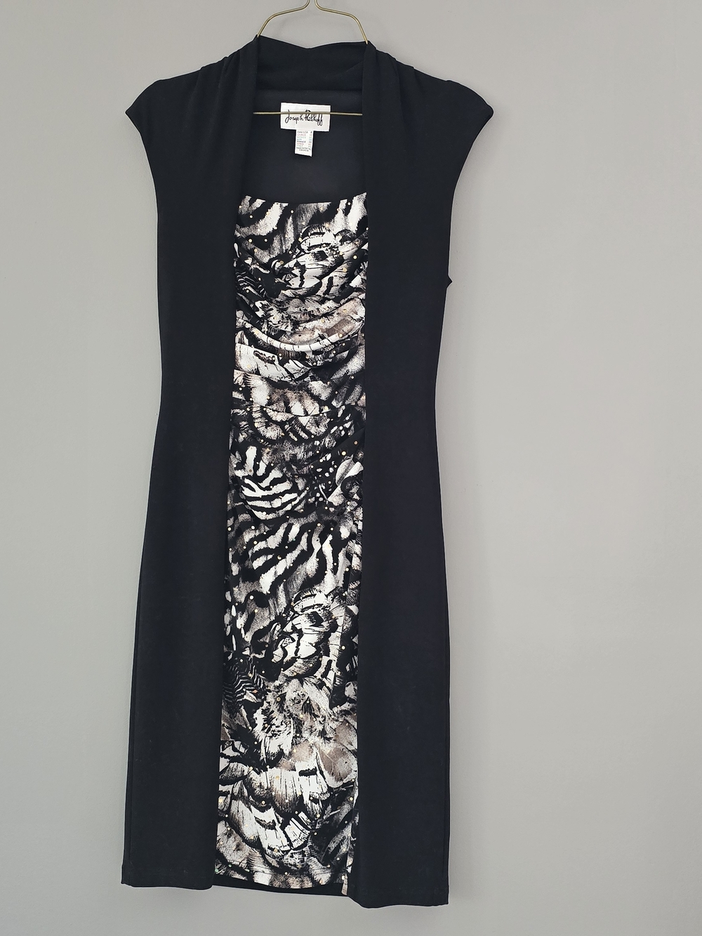 Joseph Ribkoff Black Midi Dress with Monochrome Floral Print Sequined Panel